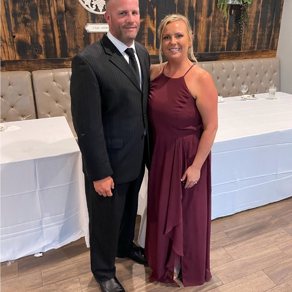 Wine Colored David’s Bridal Dress high-neck chiffon dress with cascade - Picture 3 of 8